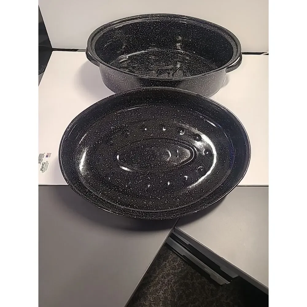 Oval Roaster Pan Extra Large w/ Lid Black Speckled Enamel 15